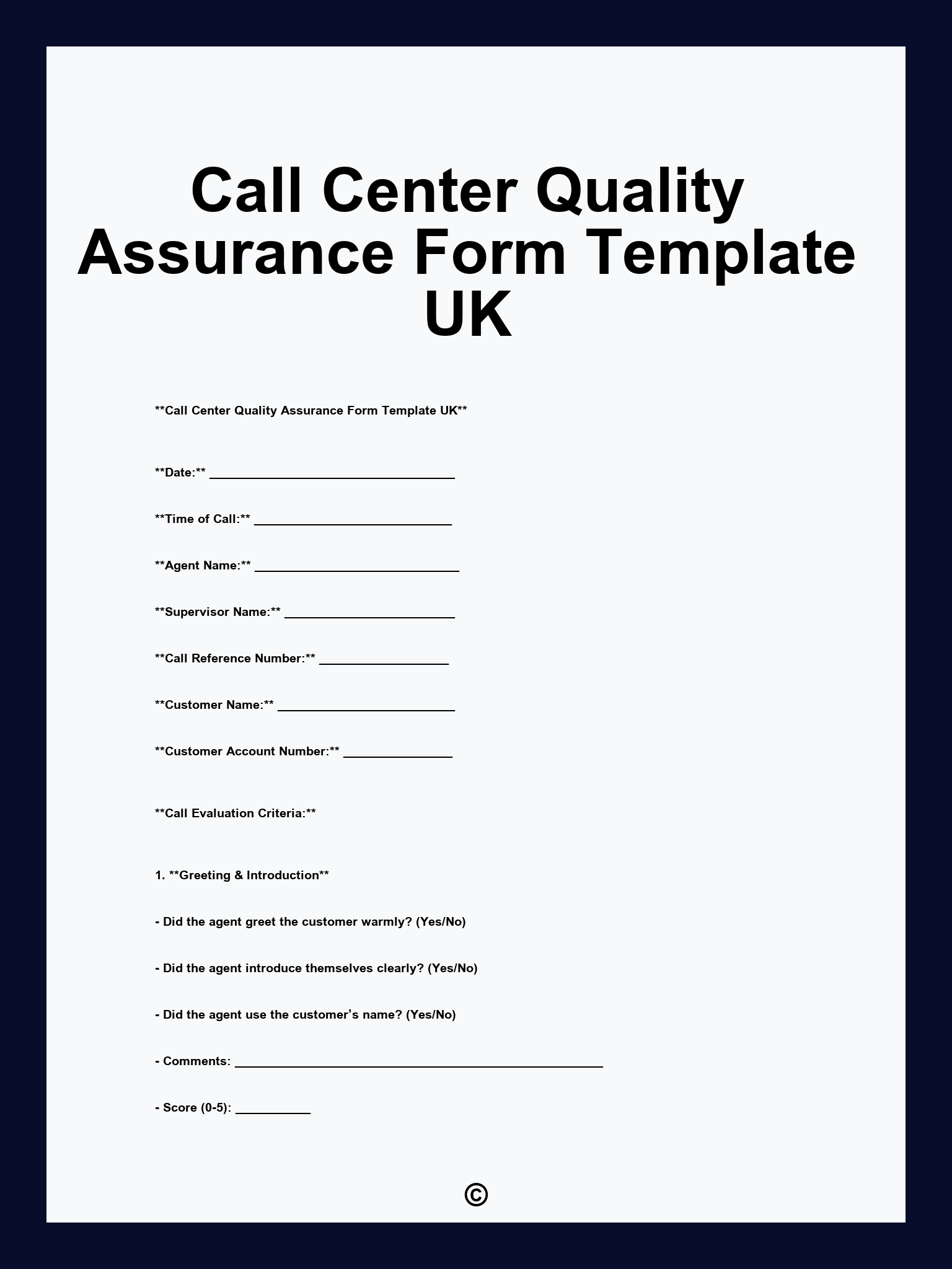 Call Center Quality Assurance Form Template UK