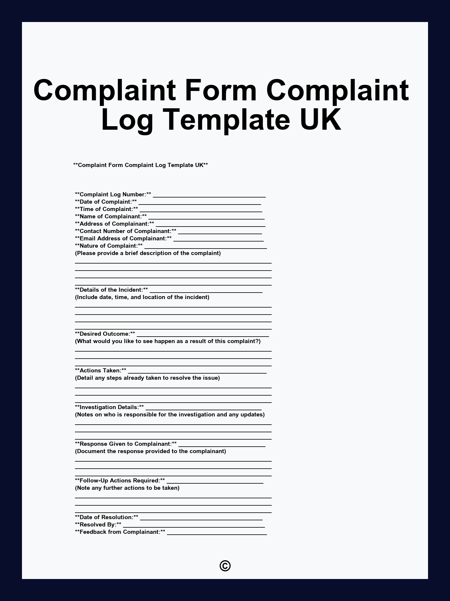 Complaint Form Complaint Log Template UK
