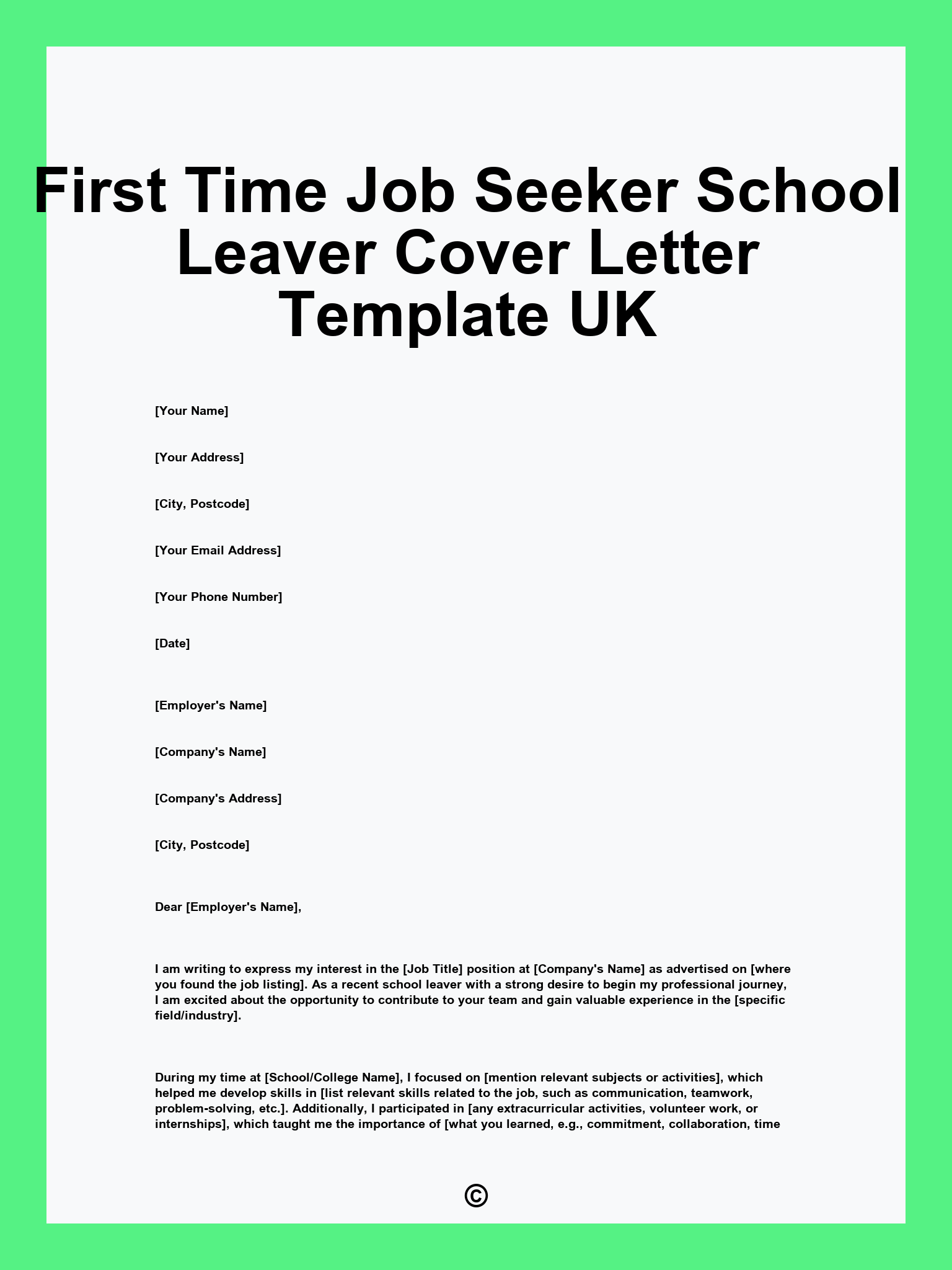 First Time Job Seeker School Leaver Cover Letter Template UK