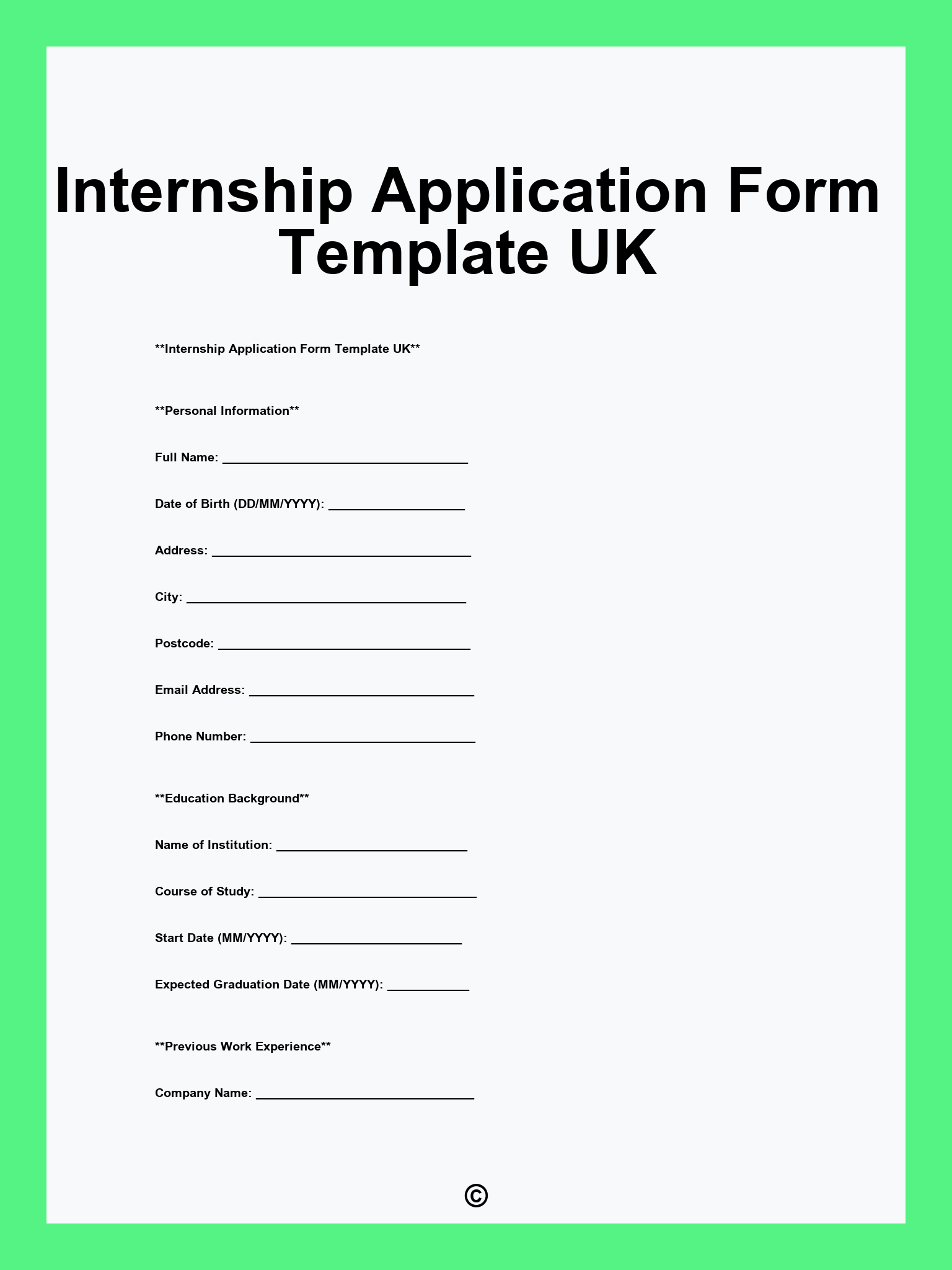 Internship Application Form Template UK