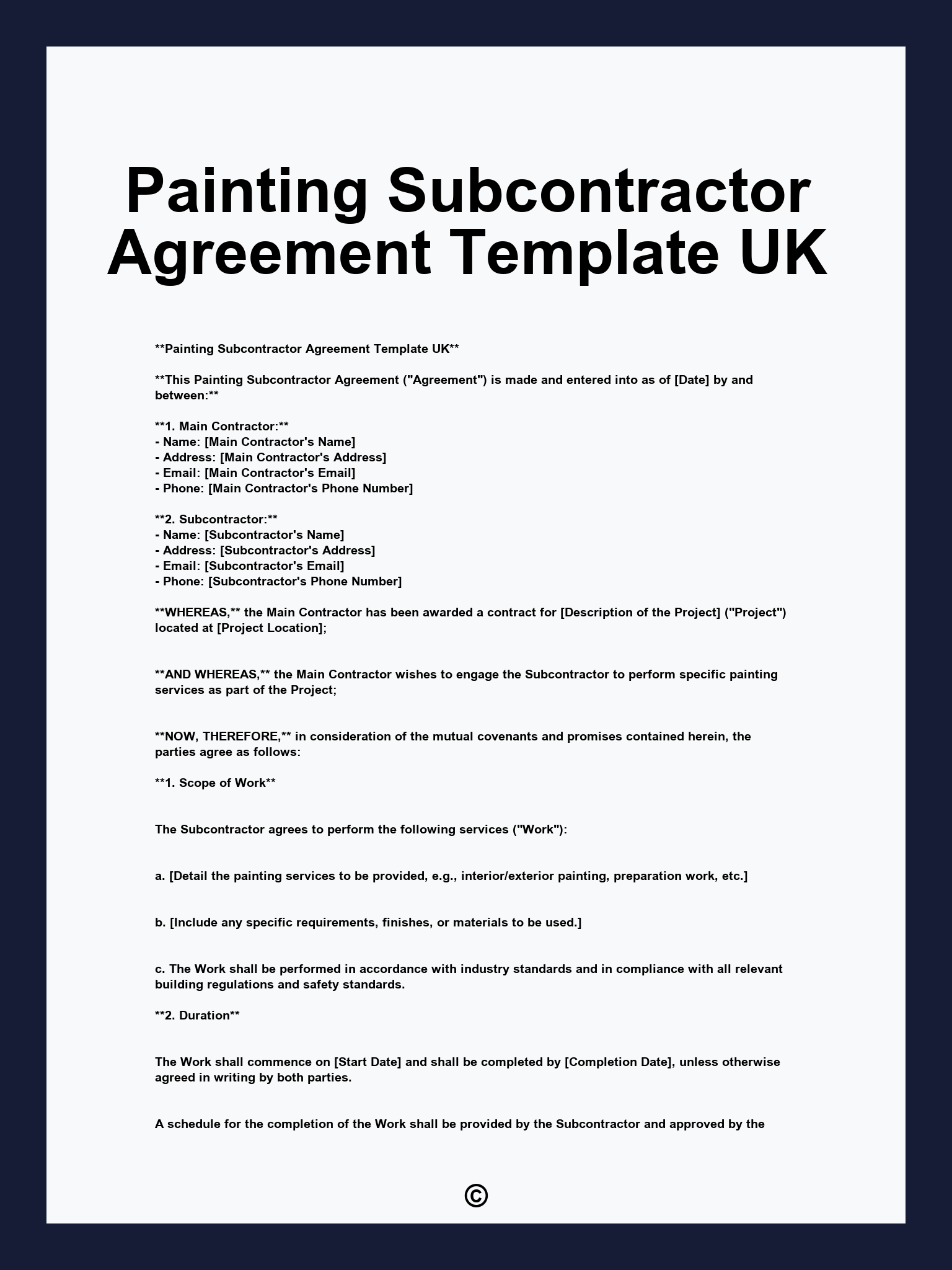 Painting Subcontractor Agreement Template UK