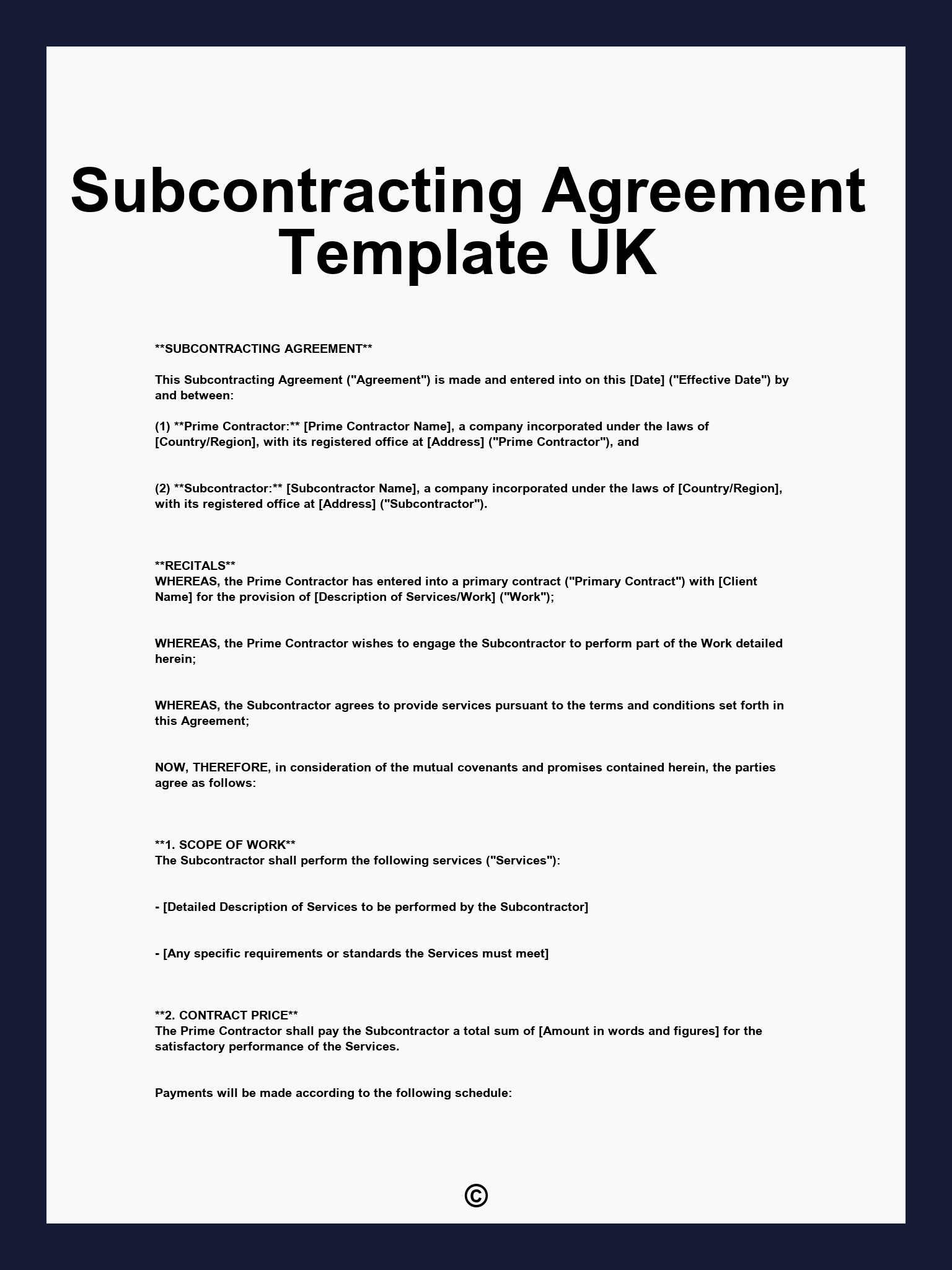 Subcontracting Agreement Template UK