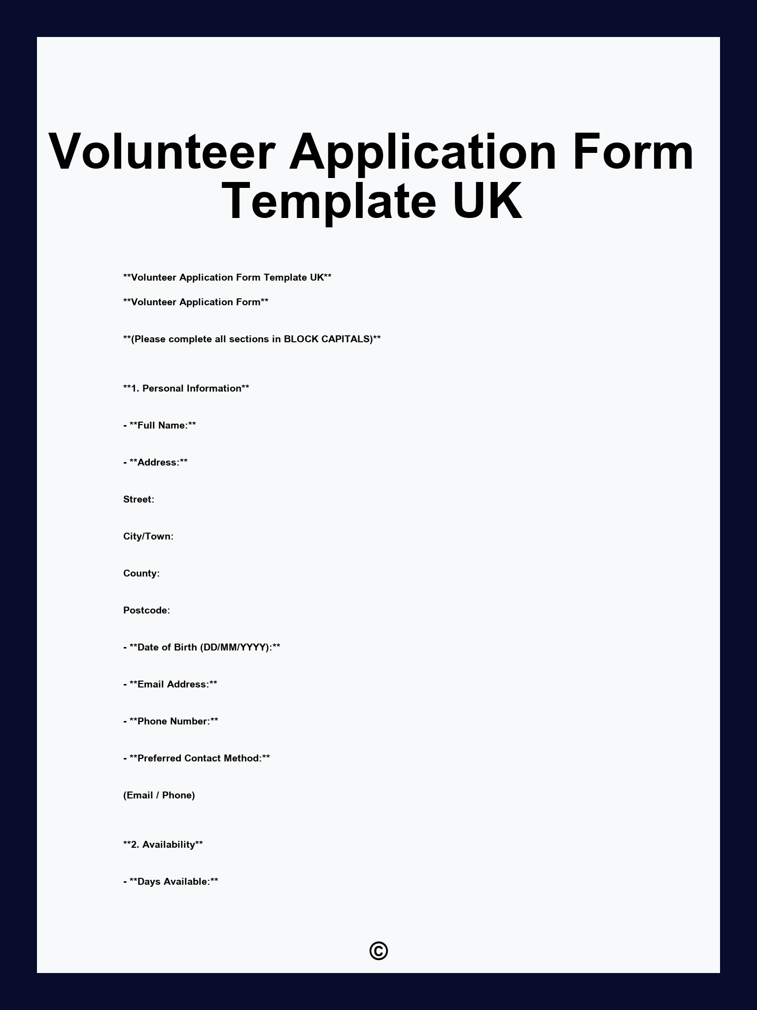Volunteer Application Form Template UK